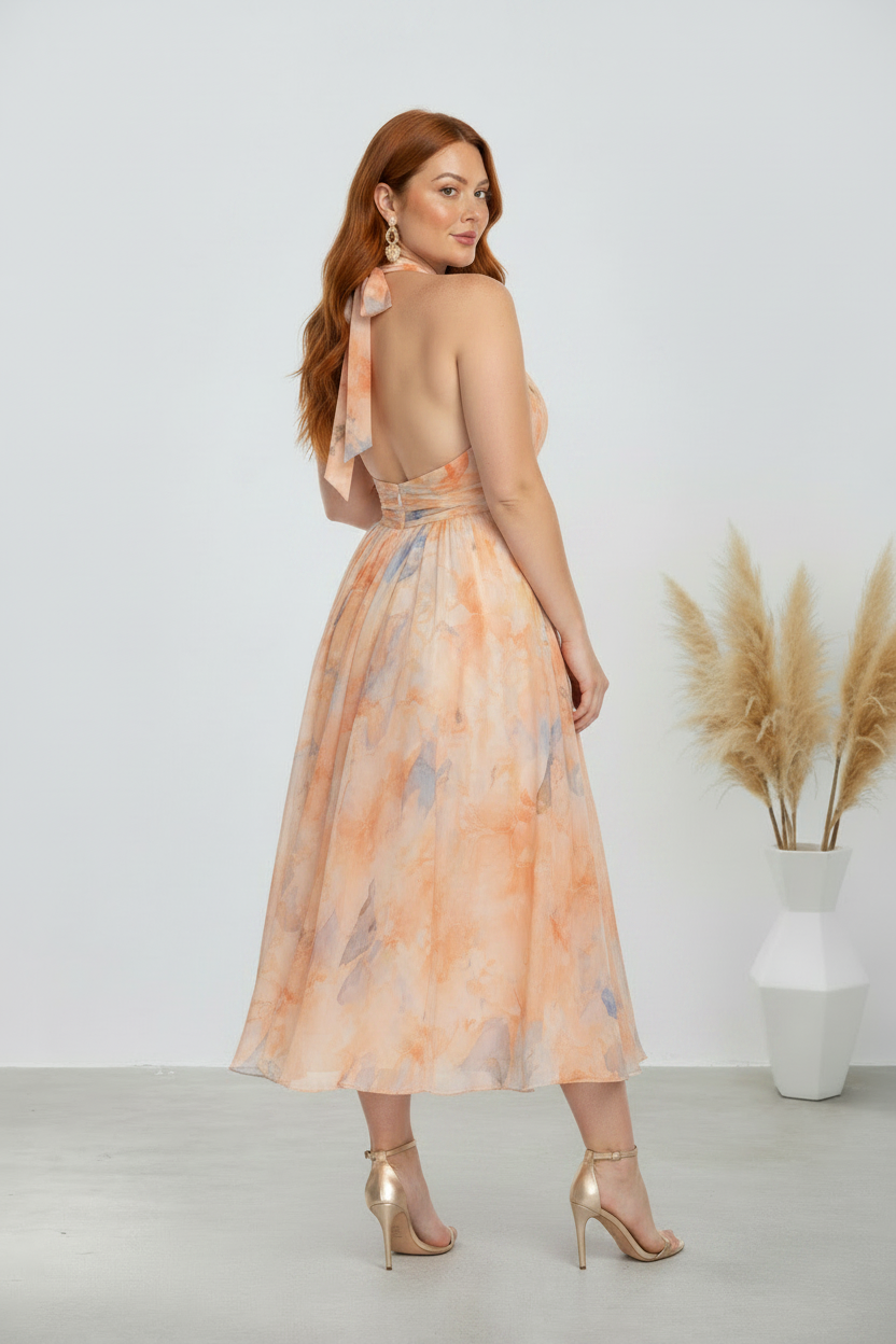 Aurora - Vestido con cuello americano y estampado de acuarela