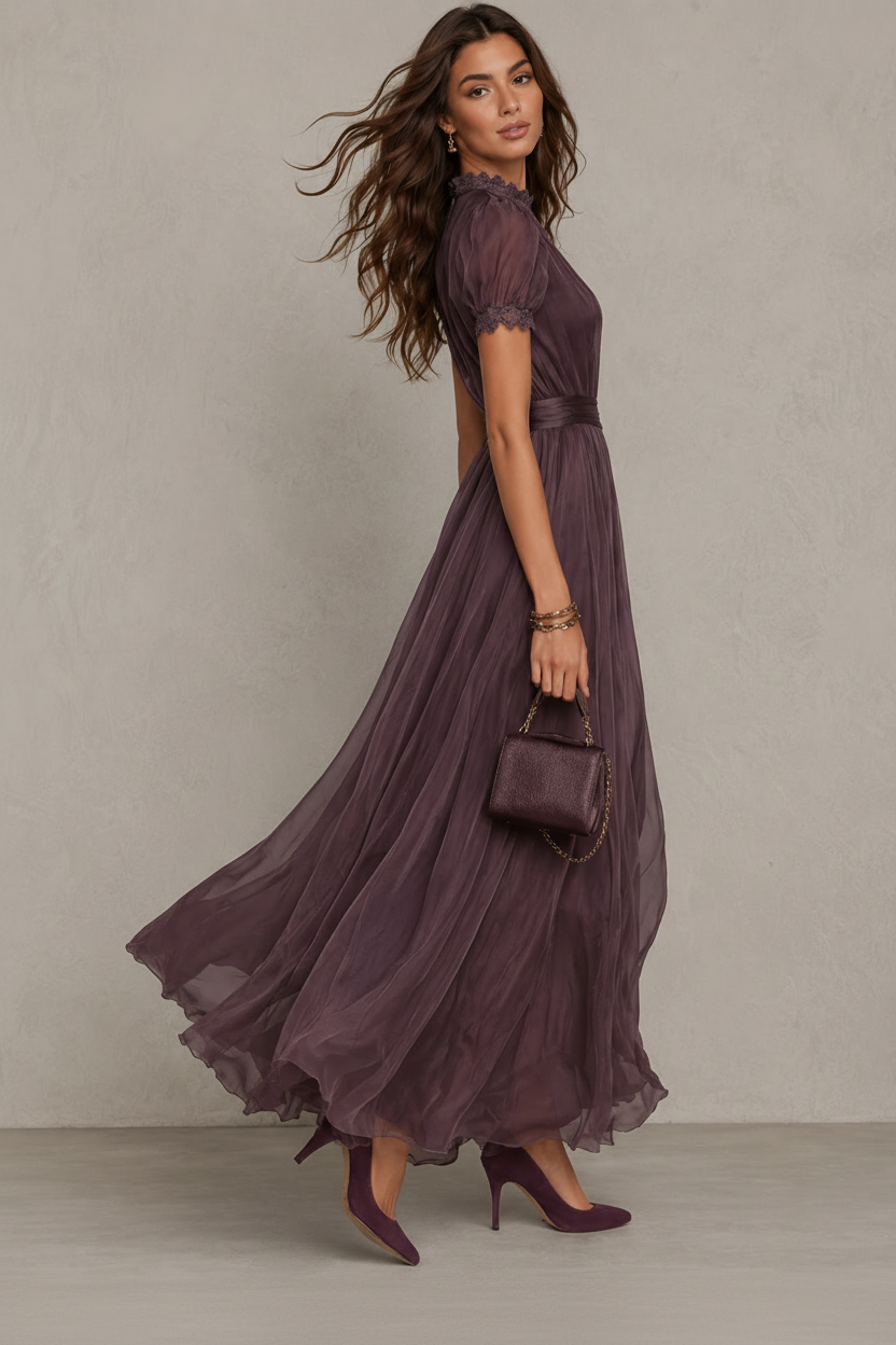 Maria - Vestido de fiesta con escote en forma de gota y ribete de encaje de gasa